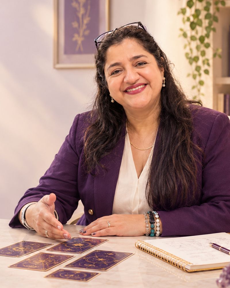Sheetal Sehgal smiling at her desk with tarot cards laid out in front of her